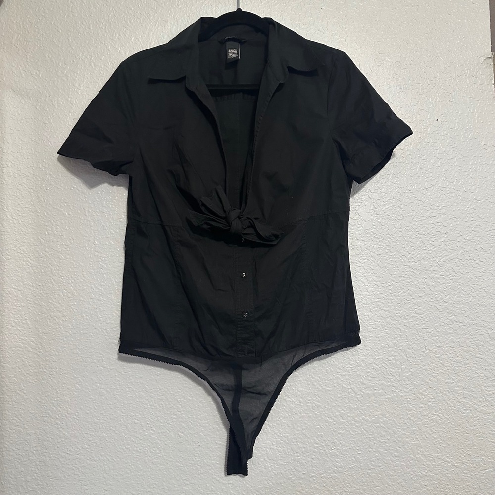 Moda International Womens Black Short Sleeve Tie Front Bodysuit Large